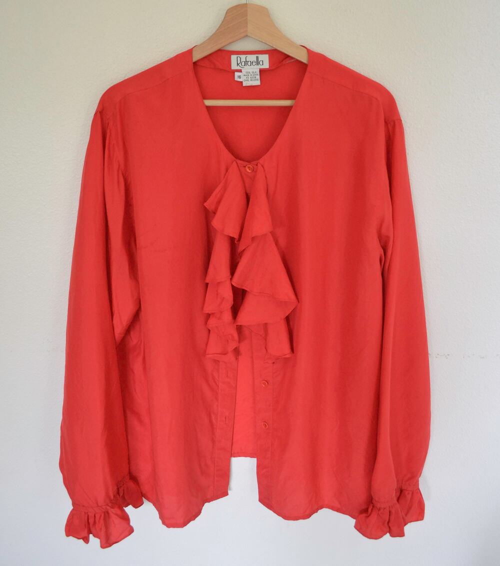 Silk Vintage Red Ruffle Blouse Size Large